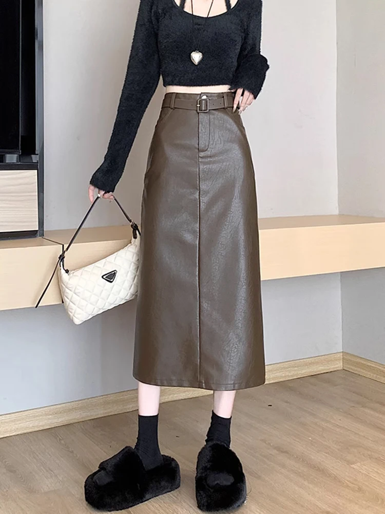 

Elegant Black Faux Leather Split Pencil Skirt For Women Office Elegant Bodycon Women's PU With Side Slit Sexy Skirts 2024 F78