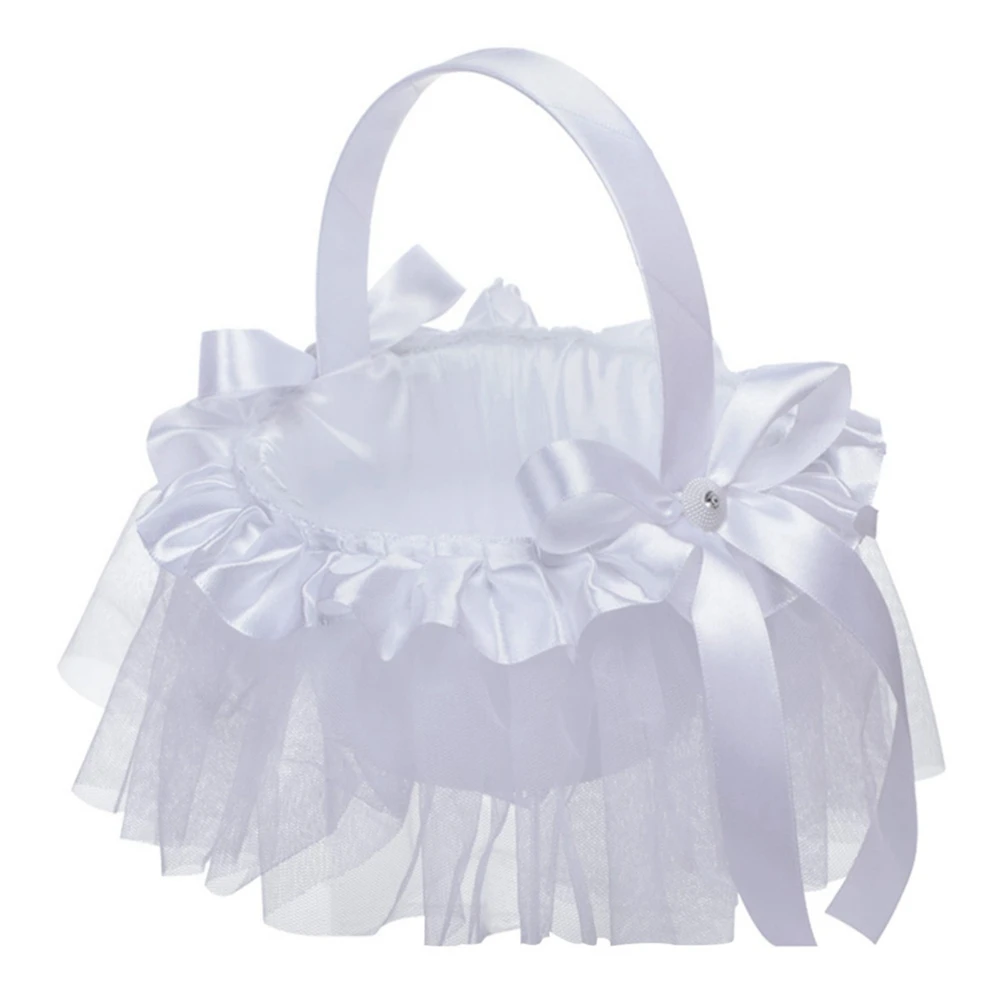 Wedding Baskets White Flower Girl Basket For Flower Bride/Kids Hand Held Bow-knot Lace Baskets Wedding Ceremony Party Decor
