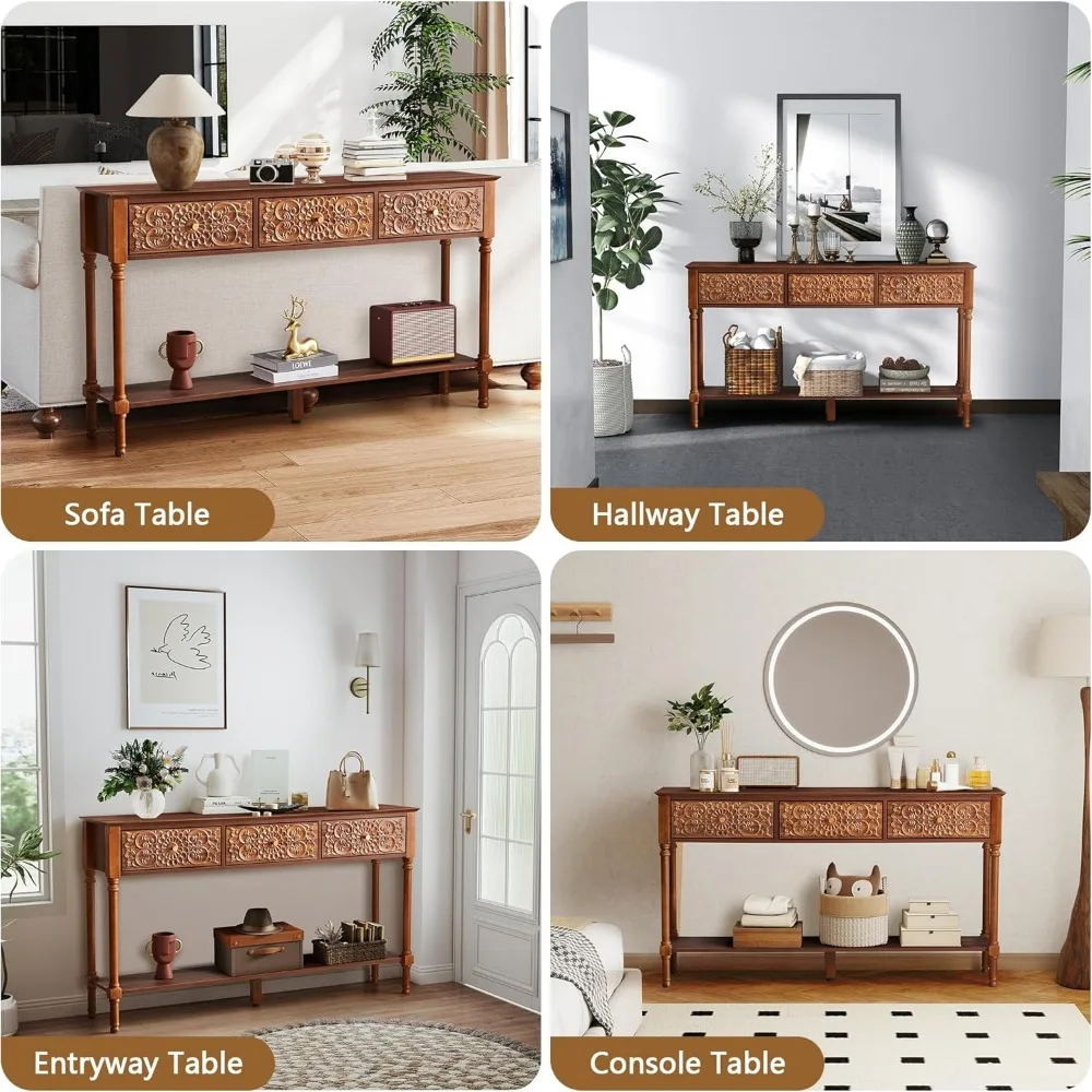 Meja Konsol 3 Laci Gaya Mid-Century Modern dengan Permukaan Mengkilap Bermotif Bunga dan Kaki Kayu Solid, Meja Sofa 2 Tingkat untuk Ruang Tamu