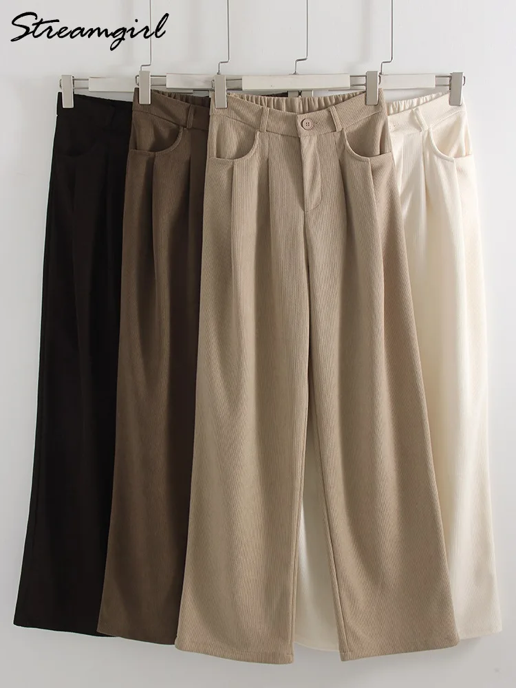 Streamgirl veludo calças retas mulheres cintura alta casual calças de perna larga bege primavera feminino calças marrons vintage formal