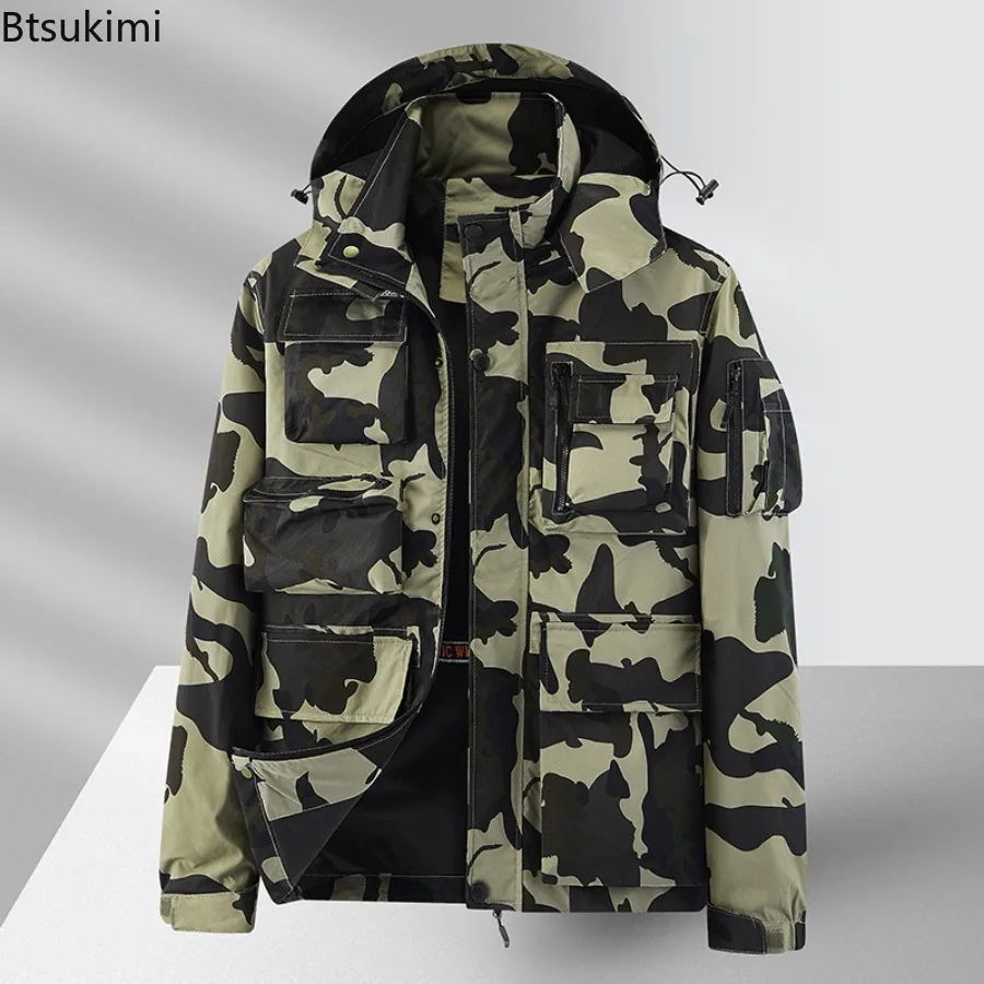 New 2025 Men's  Autumn Winter Camouflage Jacket Multi Pocket Waterproof Jacket Outdoor Casual Green Workwear Coats for Men Coats