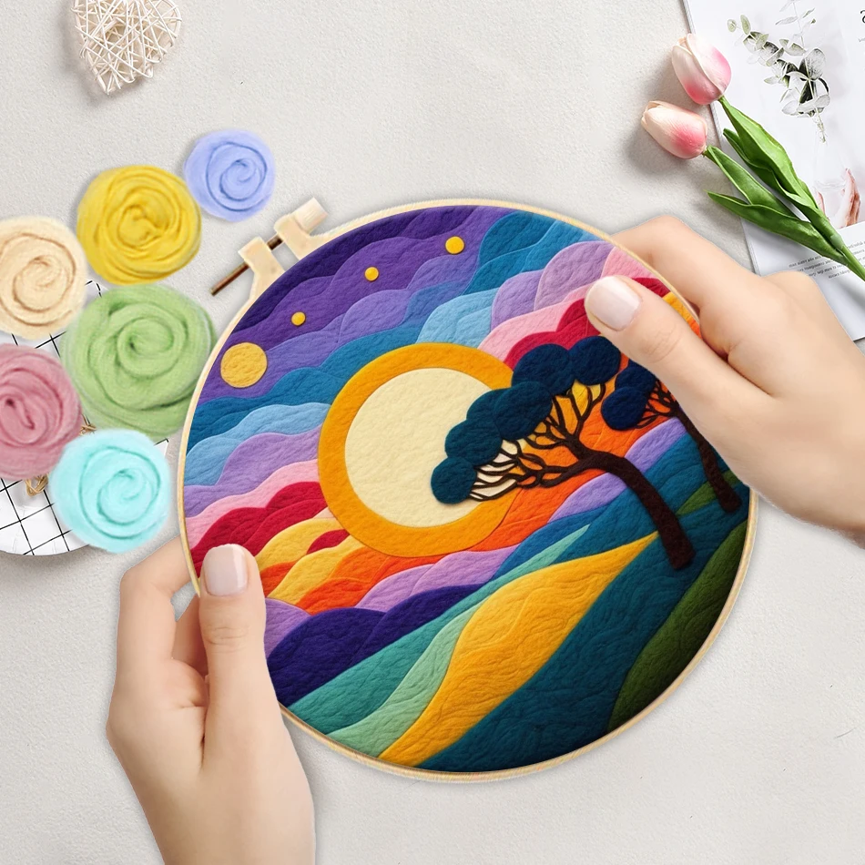 CHENISTORY Wool Felting Painting Kit Scenery Funny Diy Felt Crafts Package Felt Needle For Handwork Home Decoration Gift