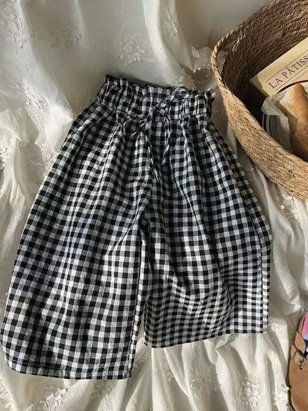 

Summer Anti-Mosquito Wide Leg Pants High Waist Plaid Casual Faionable Girls Pants Silk Material Korean Sle Cotton Fabric