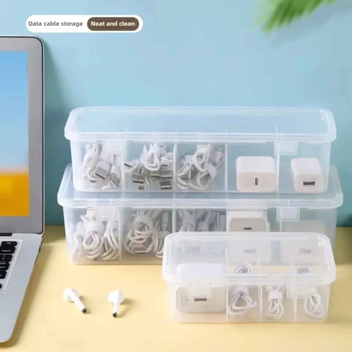 

1pc transparent data cable storage box, thickened material, buckle design, dust-proof cover, one item per compartment