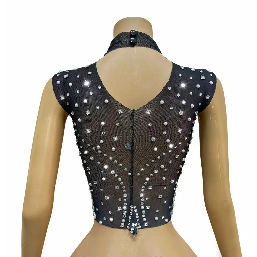 Luxury Beaded Crystal Mesh Tank Top Women Sheer Mesh Highneck Vest Birthday Party Outfit Singer Night Bar Stage Performance Wear