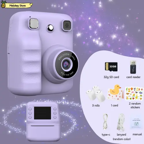 Linda impresora de cámara fotográfica púrpura para niños con juego, Mini cámara de vídeo Digital para niños de 4 a 12 años, regalos para niños y niñas