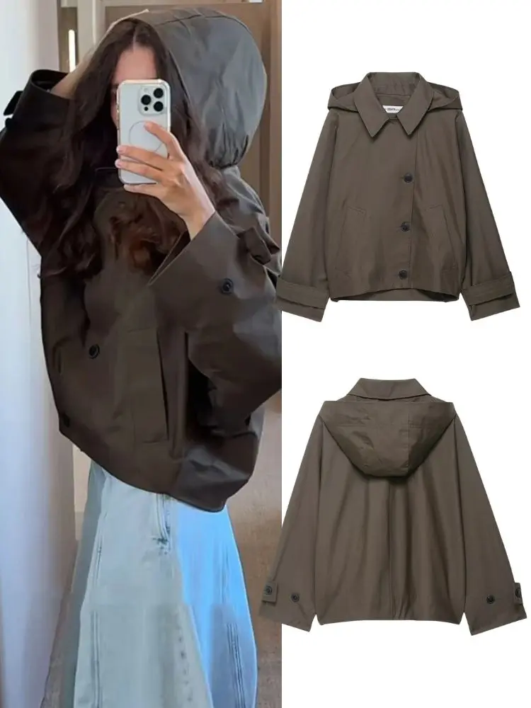 

HH Vintage Women Hooded Cropped Waterproof Windbreaker 2025 Female Long Sleeve Single Breasted Oversized High Street Trench Coat