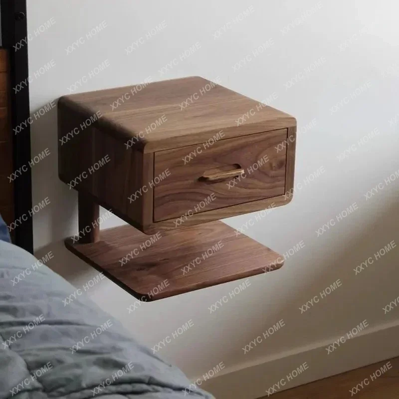 Black walnut bedside table suspended all solid wood wall-mounted locker Small apartment storage cabinet