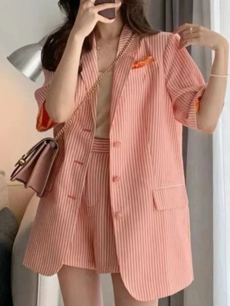 Women Casual Loose Blazer Shorts Suit Spring Summer New Fashion Vintage Stripe Short Sleeve Coat Female Clothes Two Pieces Set