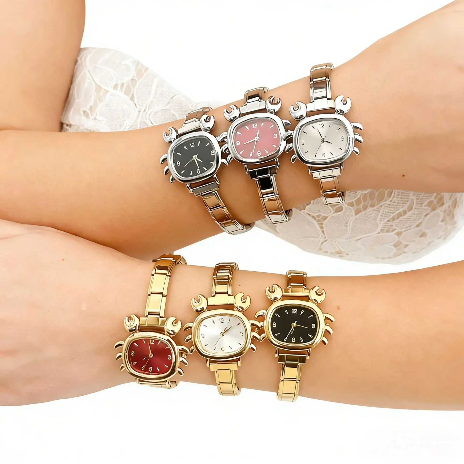 INS Cartoon Crab Women Wristwatch Polished Metal Case Elastic Steel Band Multicolor Dial Fashion Sweet Girls Daily Decor Quartz