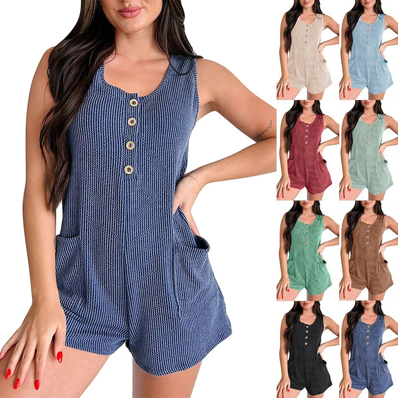 

Women's Spring And Summer One-Piece Shorts Temperament Casual Solid Colour Sleeveless Vest Jumpsuit Button Pockets Vest Rompers