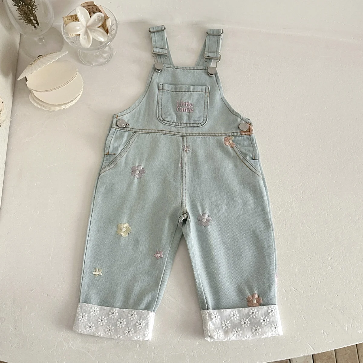 Baby Girl Denim Overalls Light Wash Floral Embroidery Lace Cuff Toddler Spring Autumn Suspender Pants Kids Casual Jumpsuit