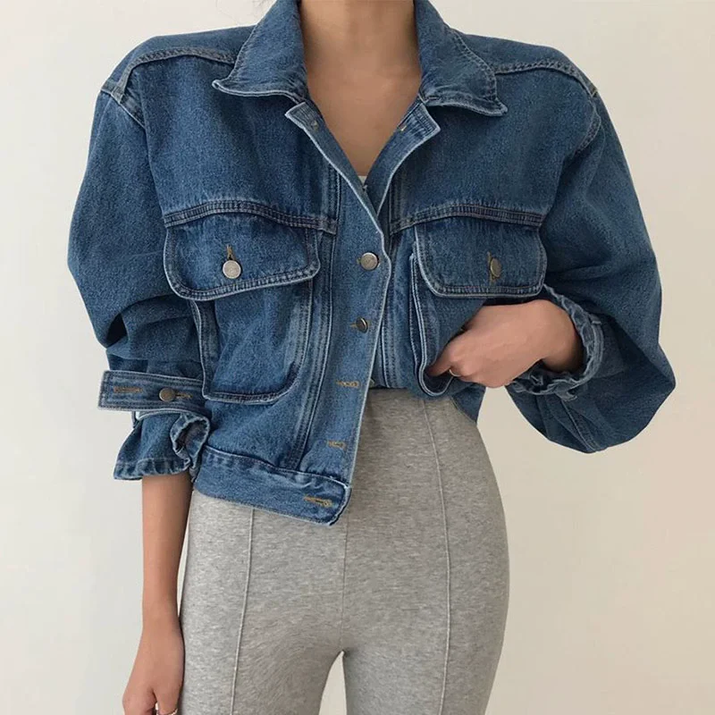 

Light Blue Dark Blue Jeans Jacket Spring Autumn New Women Loose Big Pocket Lapel Single-Breasted Puff Sleeve Short Denim Jacket