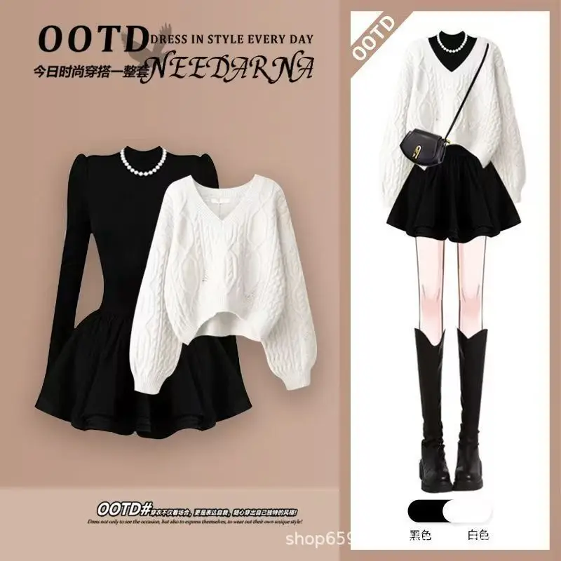 Frühling und Herbst Neue Koreanische Version Einfache und Vielseitige V-ausschnitt Pullover Schlankheits Kleid Zwei-stück Set