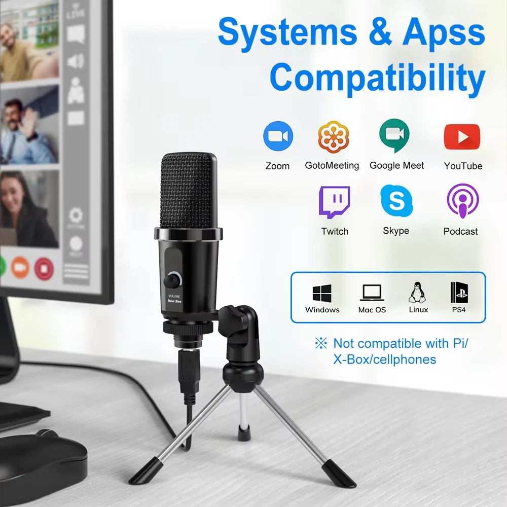 New Bee DM19 Condenser Microphone for PC USB Microphone Professional Mic for Computer Gaming Streaming Recording YouTube