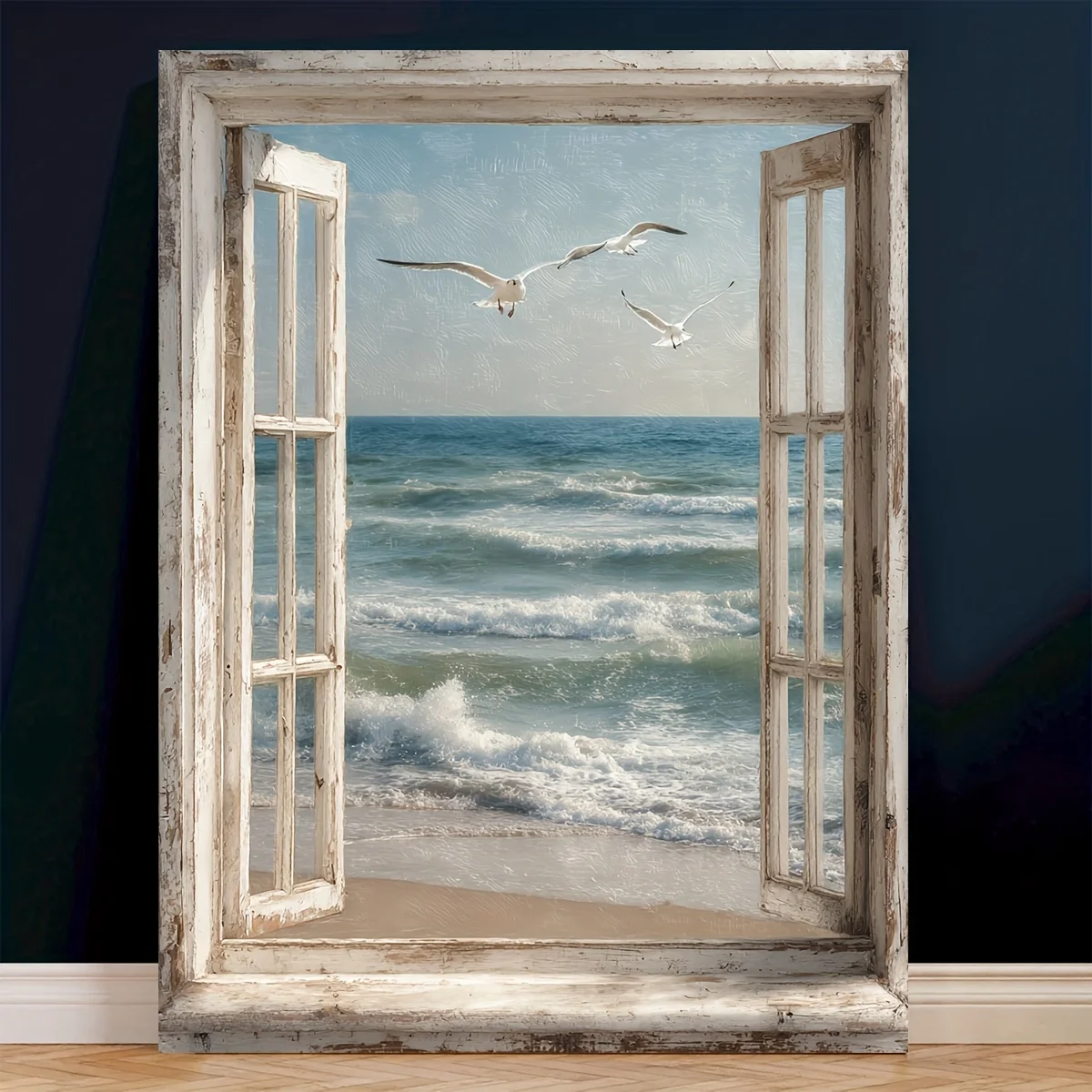 (No frame)2D Flat, 1pc Modern Framed Canvas Wall Art - Seagulls Flying Over Beach Window View Painting, Wrap-Around Frame Sui