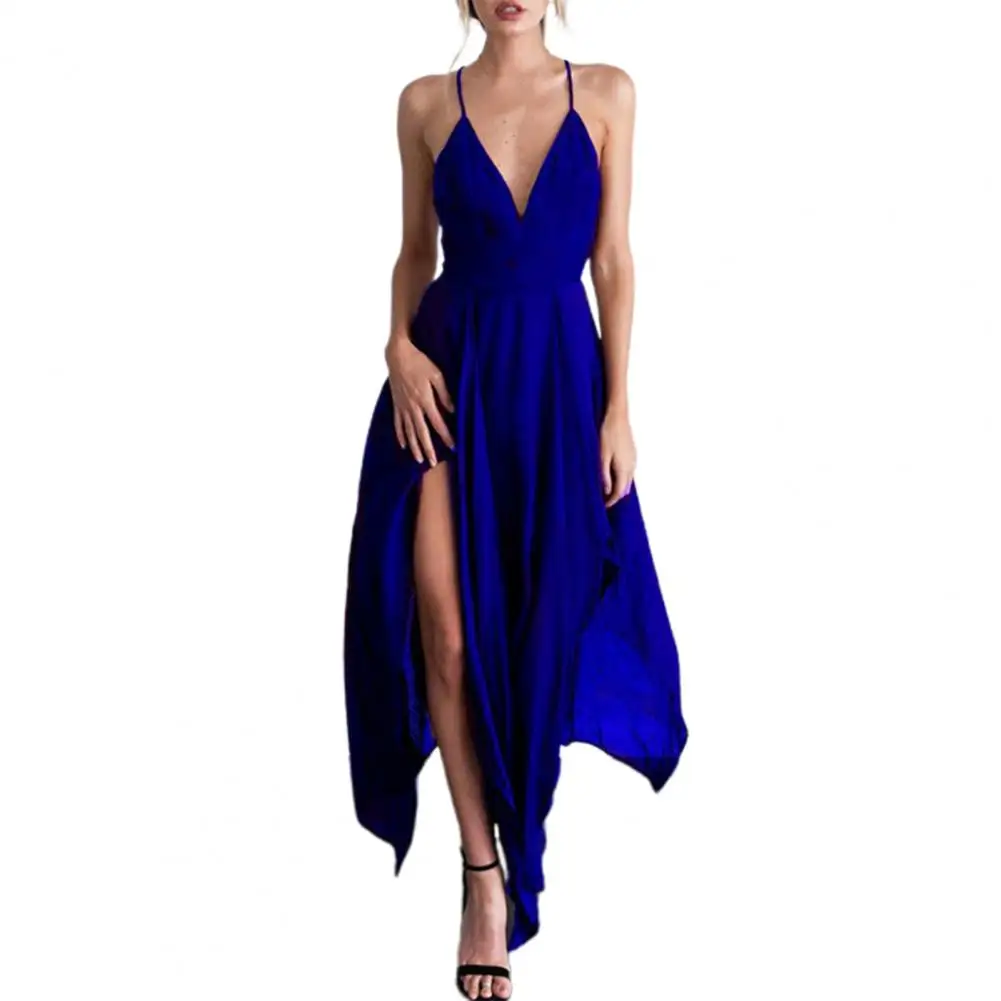 Elegante vestido de graduación para mujer, cuello en V profundo, corte bajo, sin mangas, Espalda descubierta, tirantes finos, espalda cruzada, dobladillo Irregular, vestido de novia