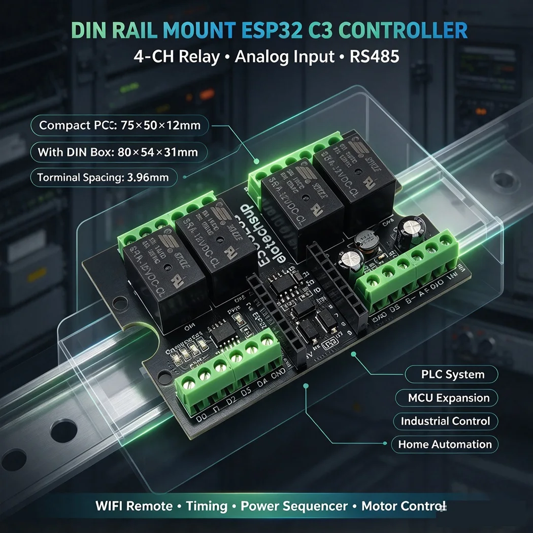 ESP32 C3 Super Mini Expansion Board DC7-25V 4CH Relay 0-3V Analog Collect High Speed RS485 DIN Rail Screw Terminal WIFI PLC