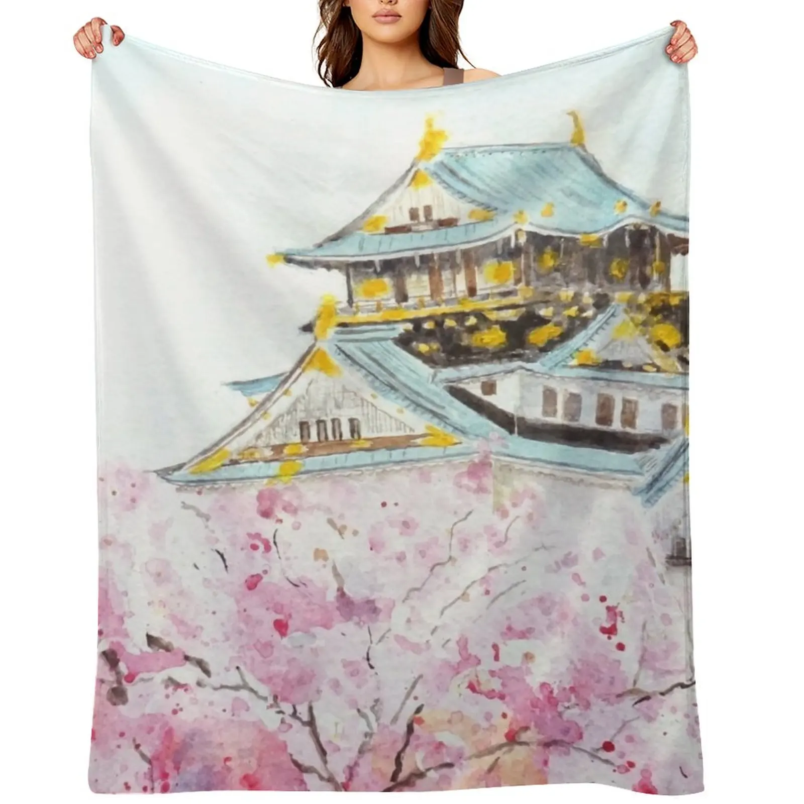 

hand painted Japan Osaka castle and sakura watercolor painting Throw Blanket Blankets For Sofas Soft Big blankets ands Blankets