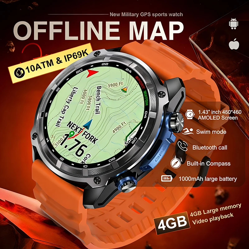 2026 Military GPS Smartwatch Offline Map 4GB Memory GPS Navigation MP3/MP4 Player Swim Sports Trackr 1000mAh Battery Smart Watch