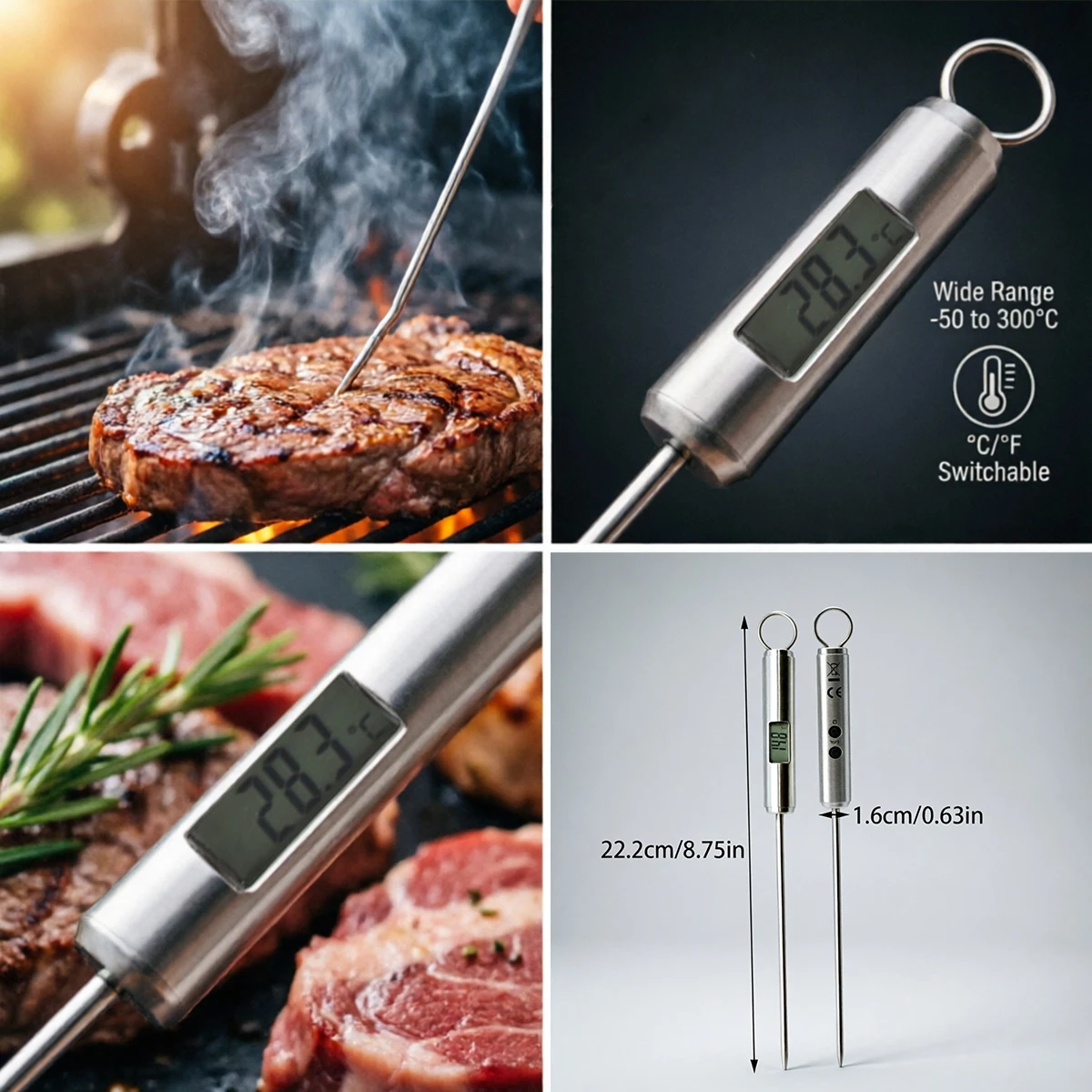 Digital Meat Thermometer For Cooking Instant Read Backlit LCD Steel Probe Kitchen BBQ Air Fryer Tray Burger Presser