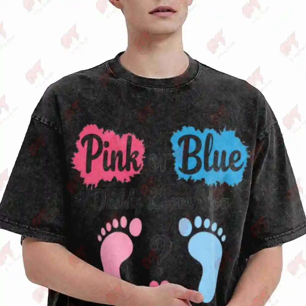 Daddy Loves You Gender Reveal Footprints Vintage Washed Tee Pure Cotton T-Shirt