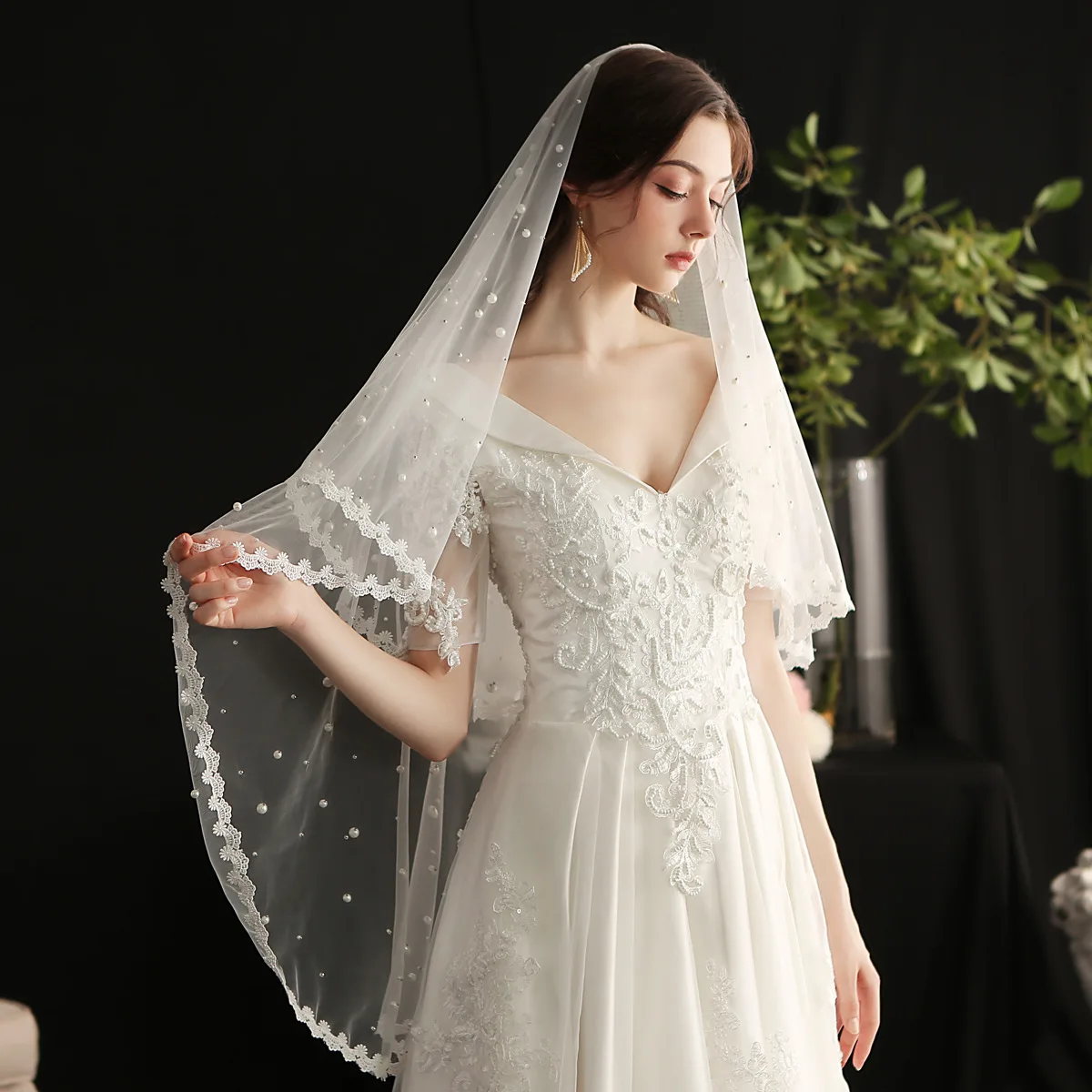 Perle gogerose perline veli da sposa per la sposa bordo in pizzo bianco punta delle dita velo da sposa addio al nubilato acessori de casamento