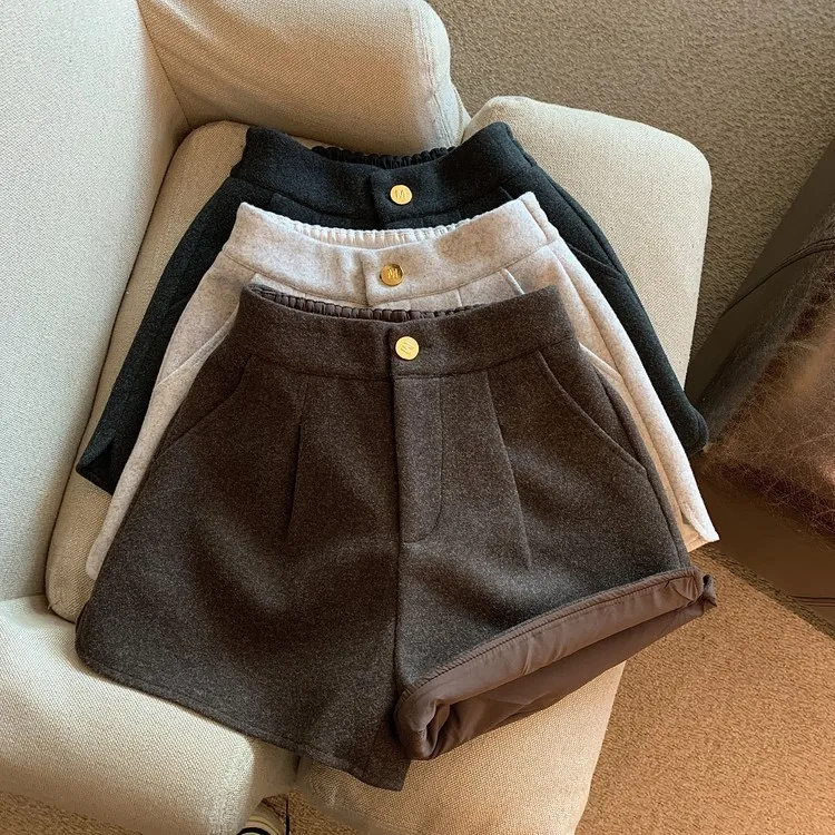 Girls Autumn and Winter New Woolen Split Wide Leg Shorts Korean Elastic High Waisted Loose Straight Casual Boots and Pants Trend