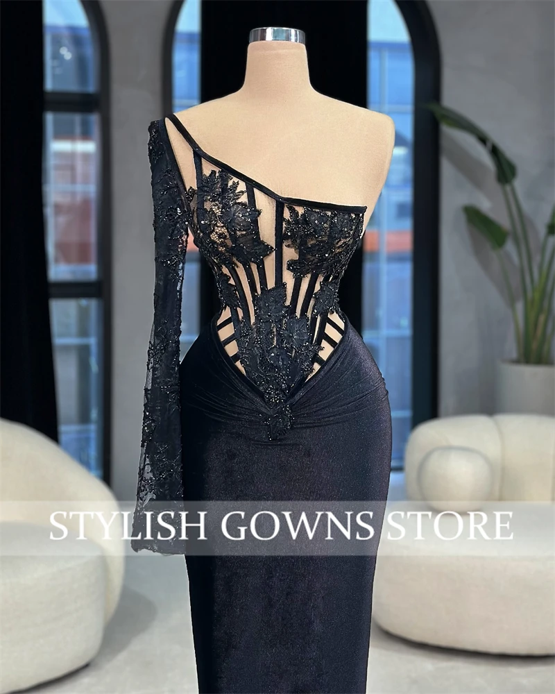 Black Bead Dubai Evening Dresses One Shoulder Appliques 2024 Birthday Luxury Dress Sleeve Special Occasion Gown Customized