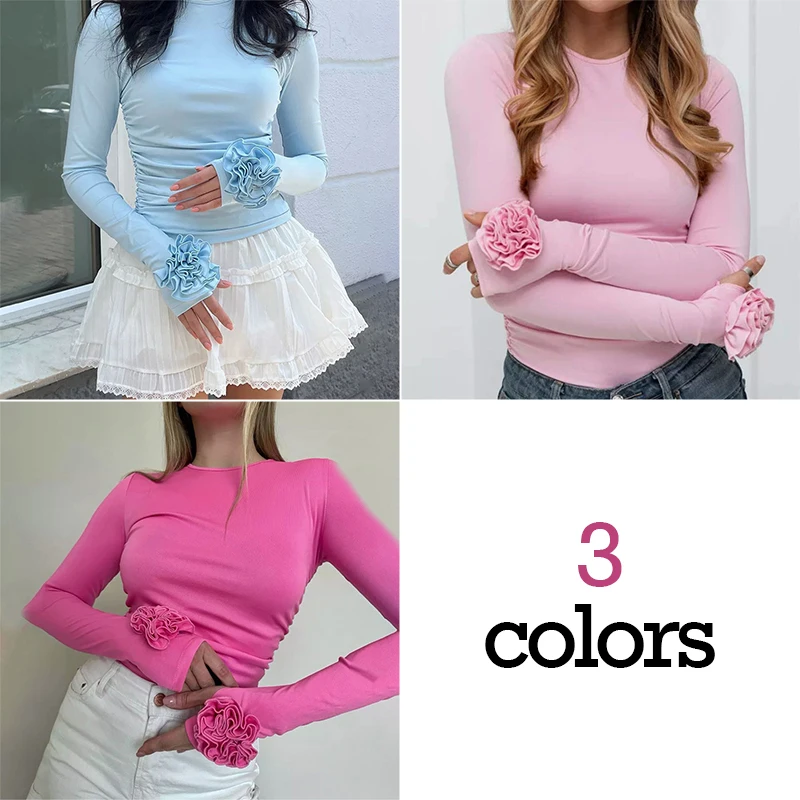 

Элегантная женская футболка с длинными рукавами и 3D цветочным принтом, тонкий плиссированный топ с круглым вырезом, весна-лето, модная эластичная уличная верхняя одежда