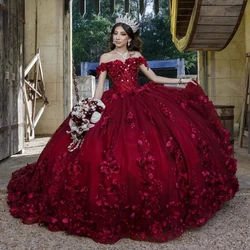 Burgundy Charro Quinceanera Dresses Ball Gown Off The Shoulder Floral Pearls Mexican Sweet 16 Dresses 15 Anos Customized