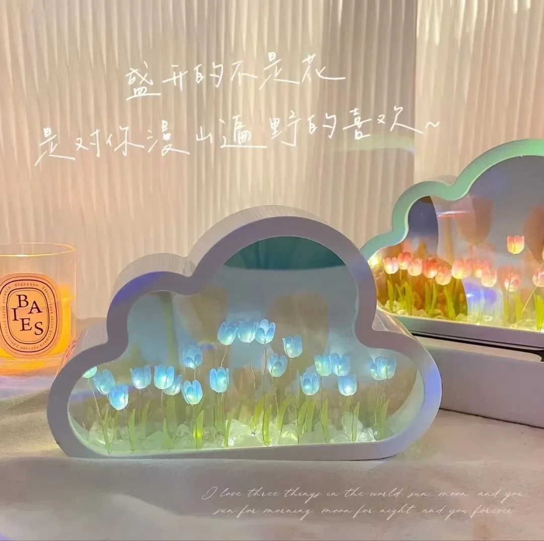 

2025 Handmade DIY Cloud Tulip Mirror Night Light Luminous Desktop Ornaments Creative Gifts Chinese Valentine's Day Gifts Lamps