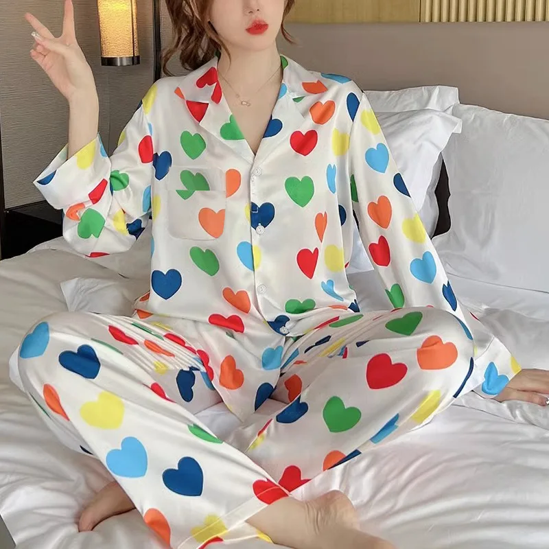 Women\'s Pajamas Sets Spring Autumn 2 Piece Heart Print Pyjama Faux Silk Satin Sleepwear Long Sleeve Pijama Mujer Pjs Homewear