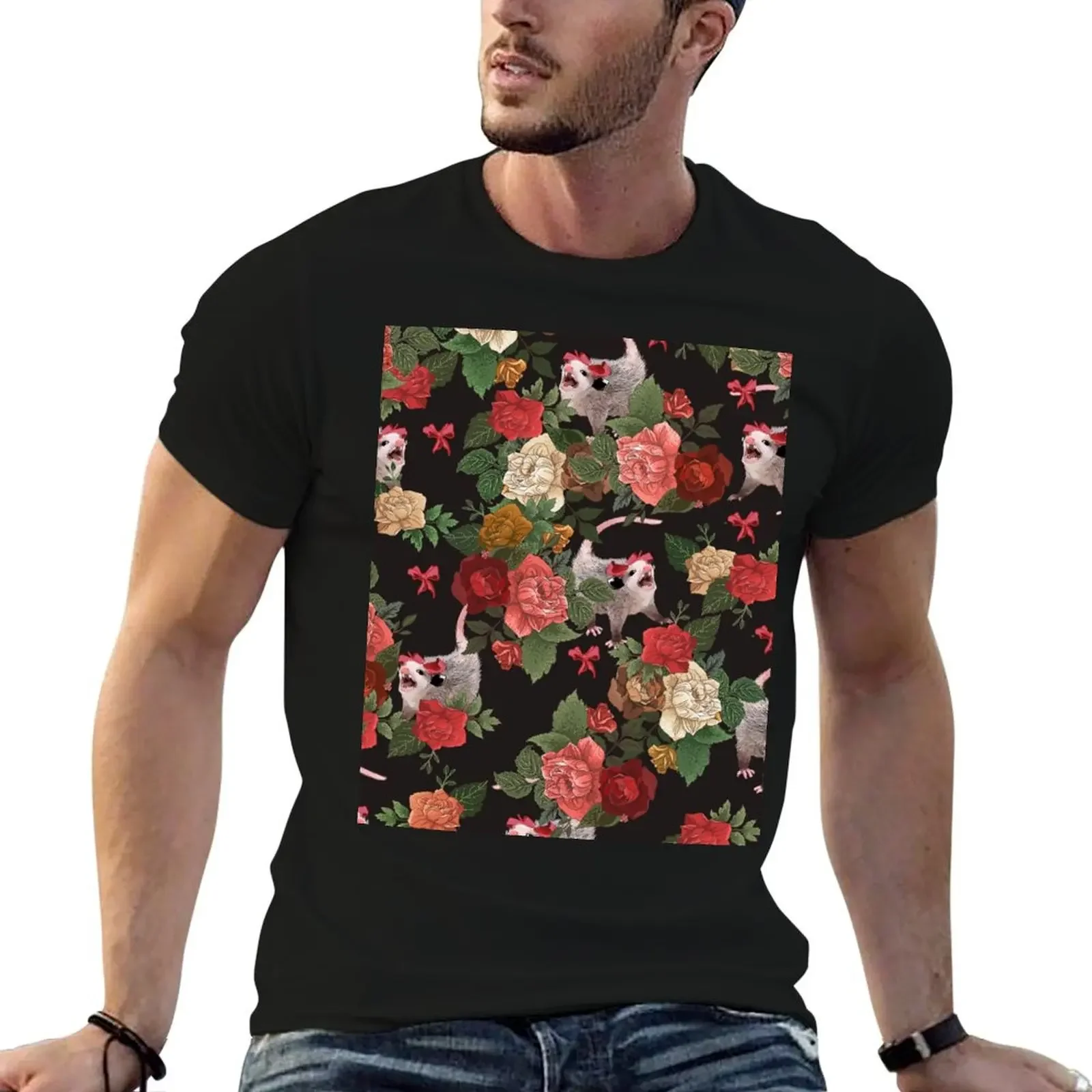 

Opossum floral pattern T-Shirt custom shirt summer clothes Men's t shirts