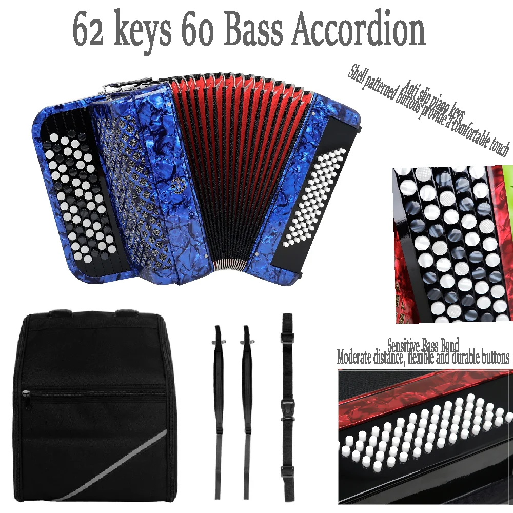 ﻿ M MBAT 62 Keys 60 Bass Keyboard Accordion Professional Accordion Music Instrument Bellows  with Accordion Storage Bag  ﻿