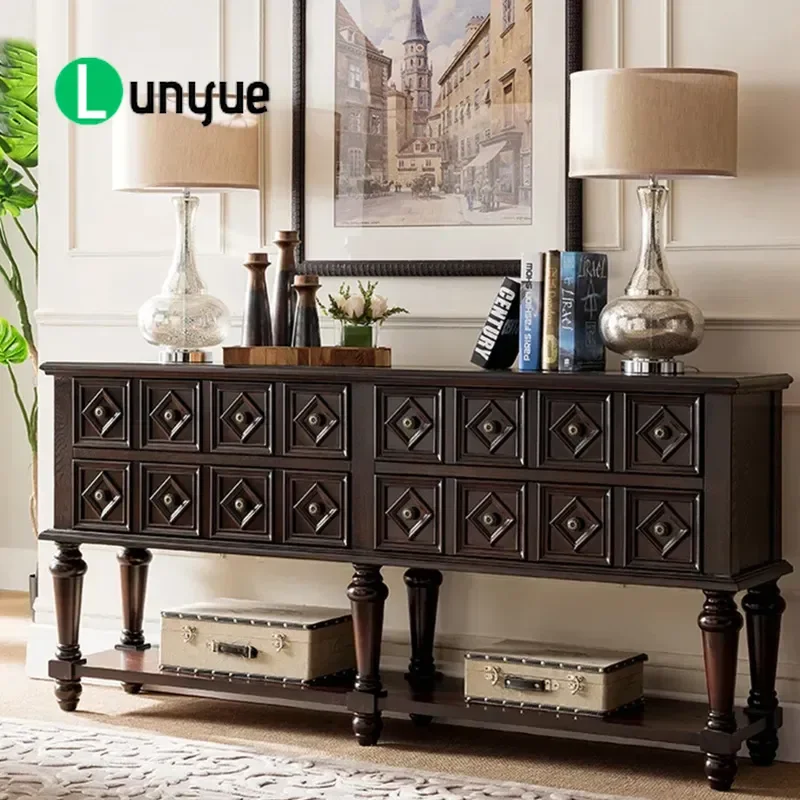 French Retro Solid Wood Porch Cabinet with Roman Column and Rhombus Storage Antique Living Room American Light Luxury Dining