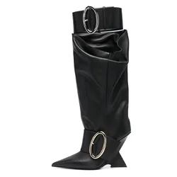 2024 Winter Brand New Fashion Pointed High Heels Belt Buckle Knee High Boots for Women Shaped High Heel Shoes Big Size 42 43