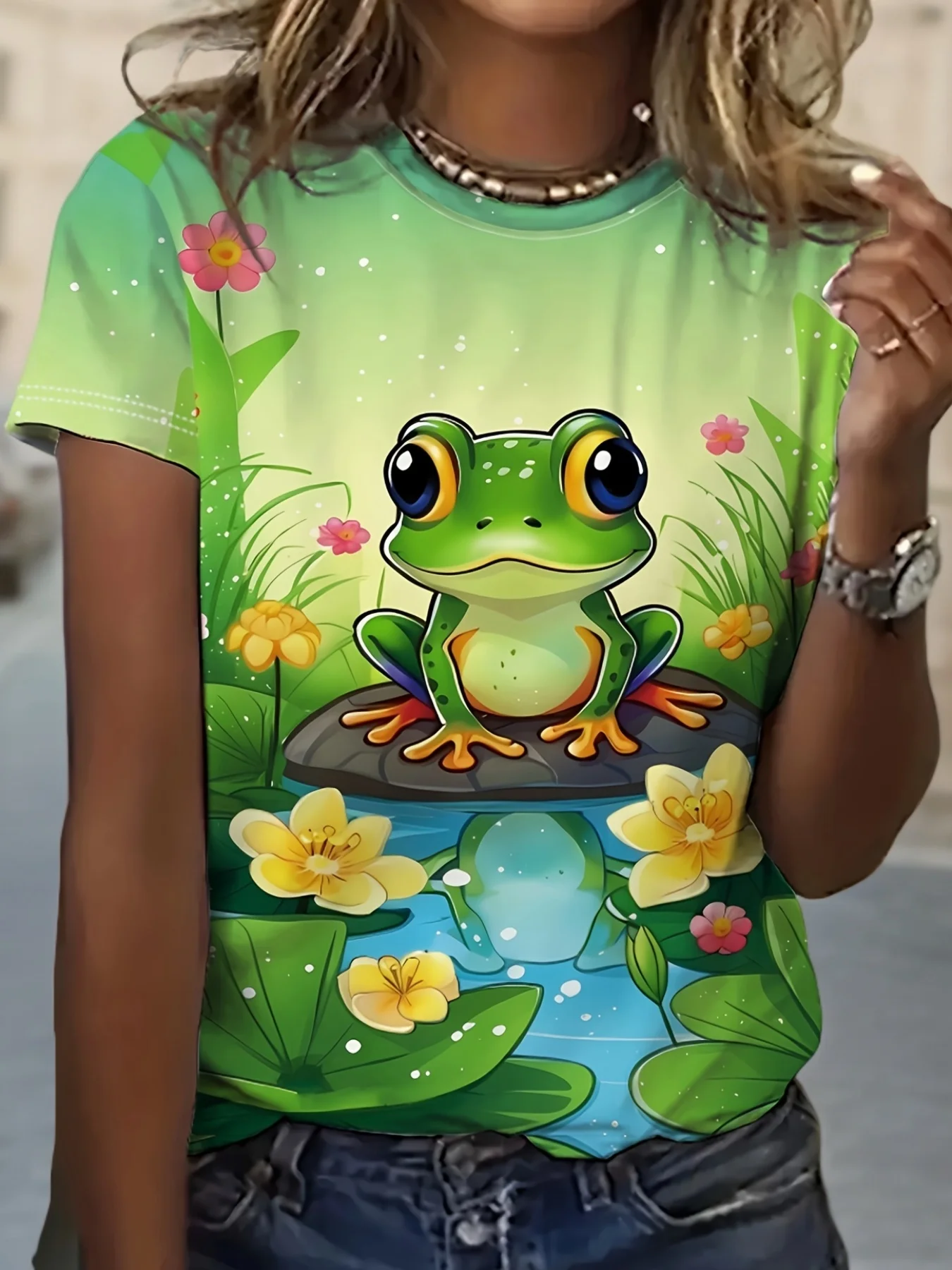 Women Crew Neck Short Sleeve T-shirt Cartoon Big Eyes Frog Lotus Pond Floral Green Gradient Casual Summer Top