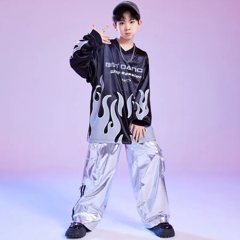 Kid Cool Hip Hop Kleidung Black Flame Sweatshirt Top Silber Lässige Breite Cargohose für Mädchen Jungen Jazz Dance Wear Kostüm Kleidung