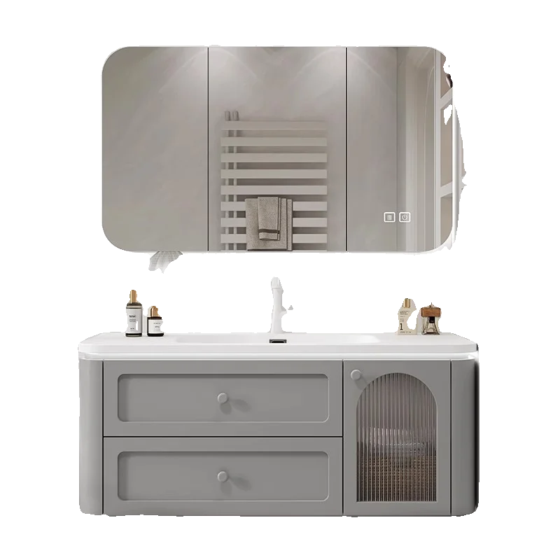

French cream bathroom cabinet combination rock slab hot bending integrated basin bathroom white hand wash face washstand set
