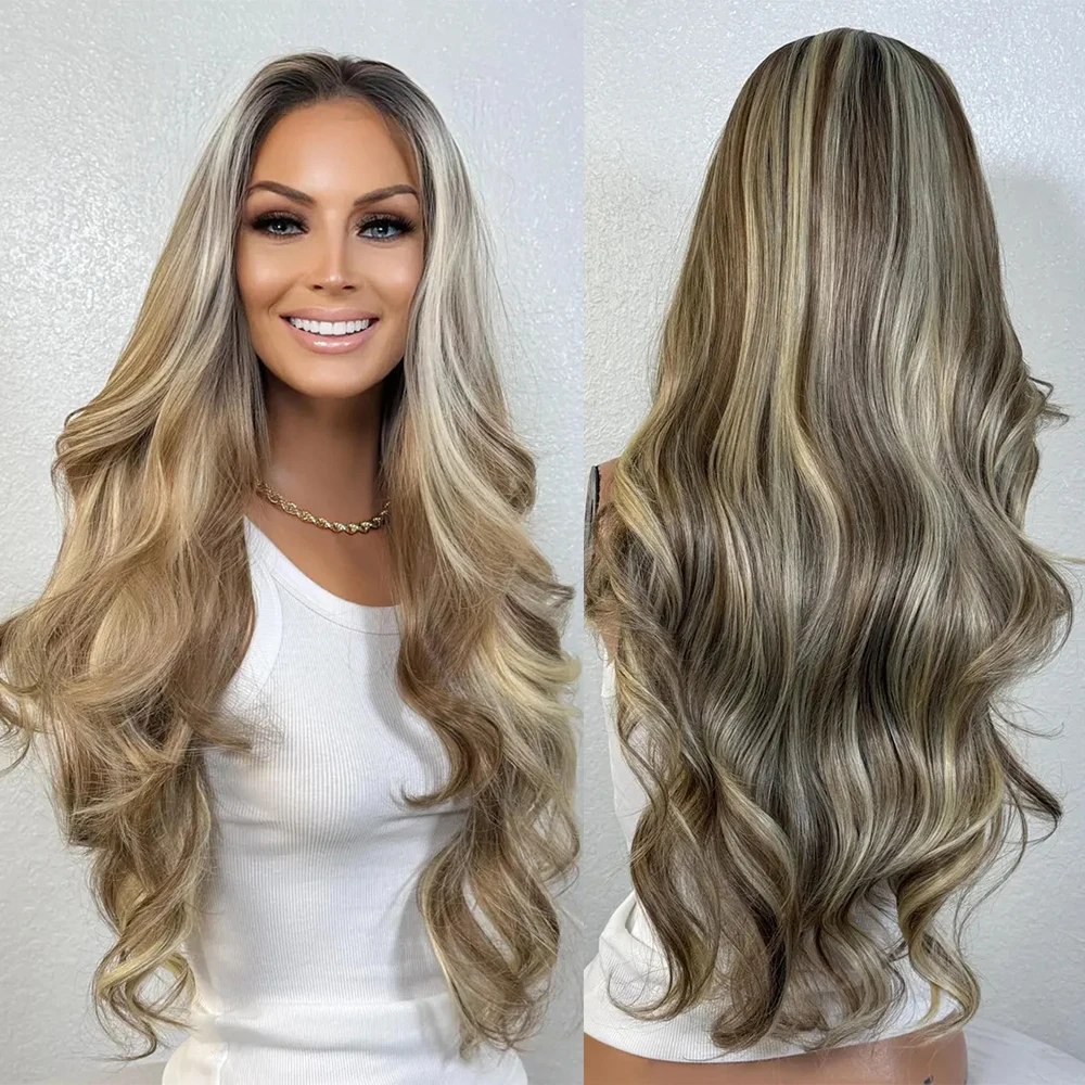 

Dark Rooted Sand Blonde Hair Wig Balayage Blonde Wavy Wig Premium Heat Safe Fiber 13x4 Free Part HD Invisible Lace Front Wig