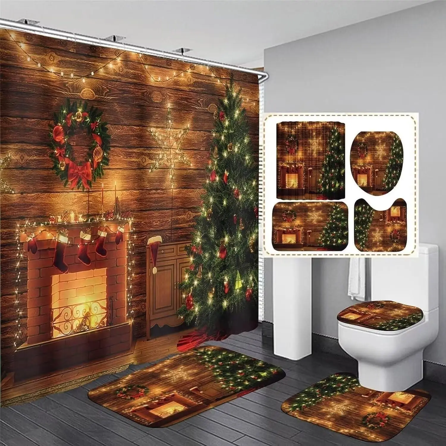

Merry Christmas Shower Curtain Sets for Bathroom,Christmas Fireplace with Non-Slip Rugs Toilet Lid Cover and Bath Mat 12 Hooks