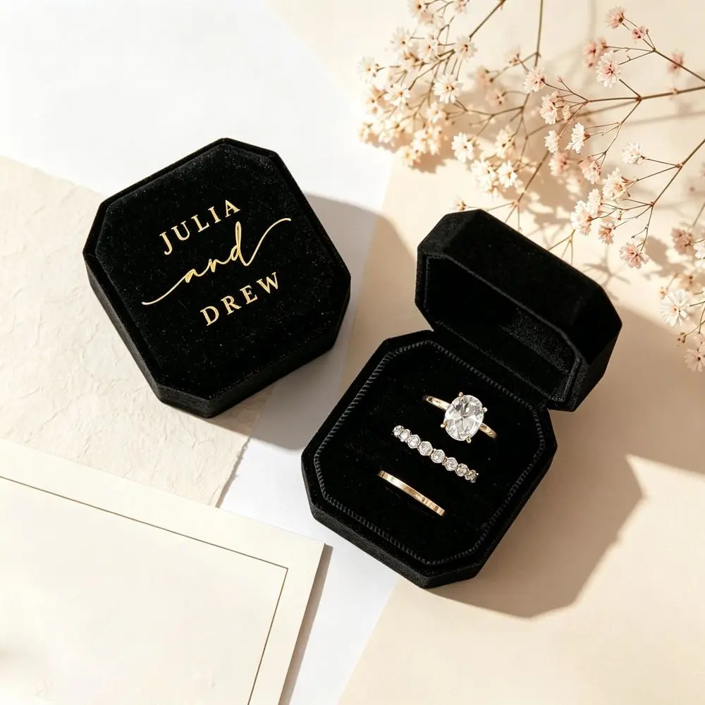 Personalisierte Ringbox aus Samt, achteckig, mit individuellen Initialen, Monogramm, 3 Fächer, für Hochzeit, Verlobung, Ringträger, Schmuckaufbewahrung, Geschenk