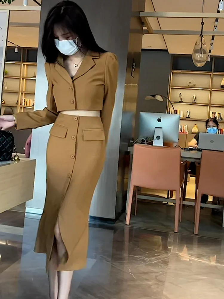 Insozkdg Spring New 2024 Set Women's Short Suit Coat Top+Hip Wrap Split Half Dress Temperament Fashion Two Piece Set High Street