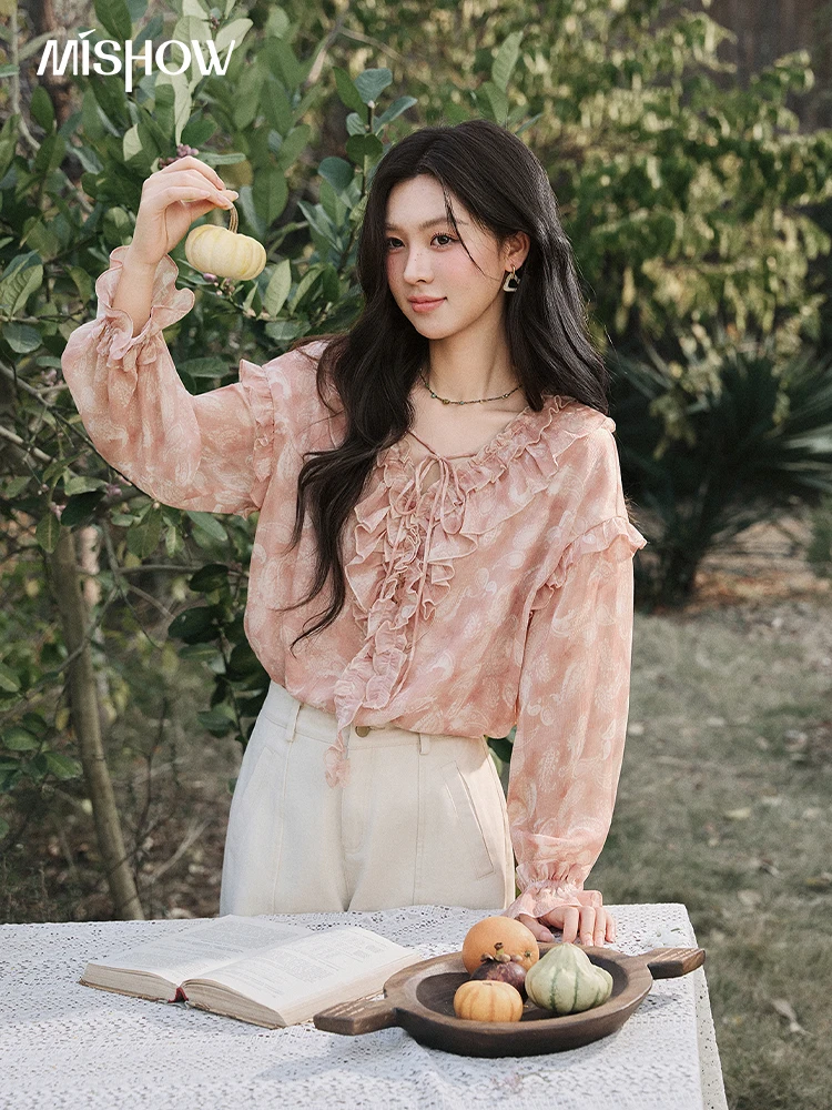 

MISHOW Pink Ruffled Blouse Floral Print Chiffon Shirt 2026 Spring New Bell Sleeves Commuting Elegant Women's Top MXF15X2557