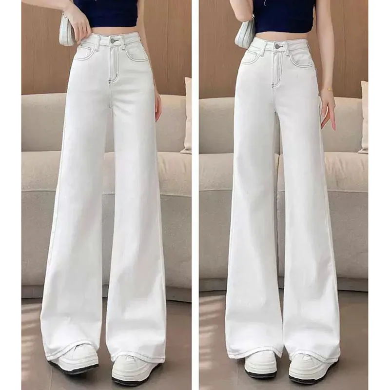 Retro Ladies Embroidery Wide-leg Cowboy Trousers Women Micro Flared Jeans Autumn Female High Waist Casual Thin Denim Pantalons