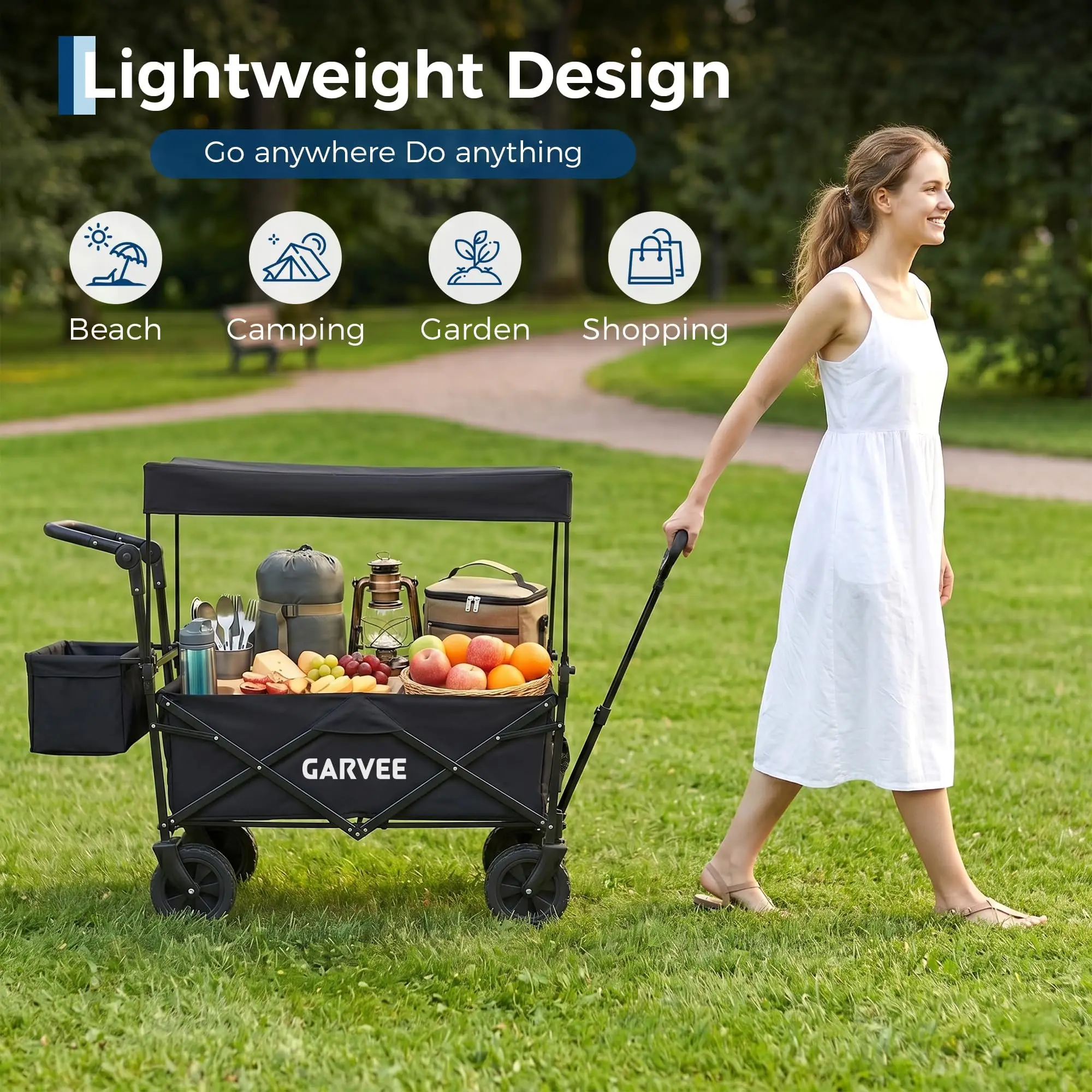 Folding Wagon Cart with Wheels 220lbs Utility Wagon Cart Black with Removable Canopy Heavy Duty Collapsible Beach Wagon for Shopping, Beach, Camping,Sport