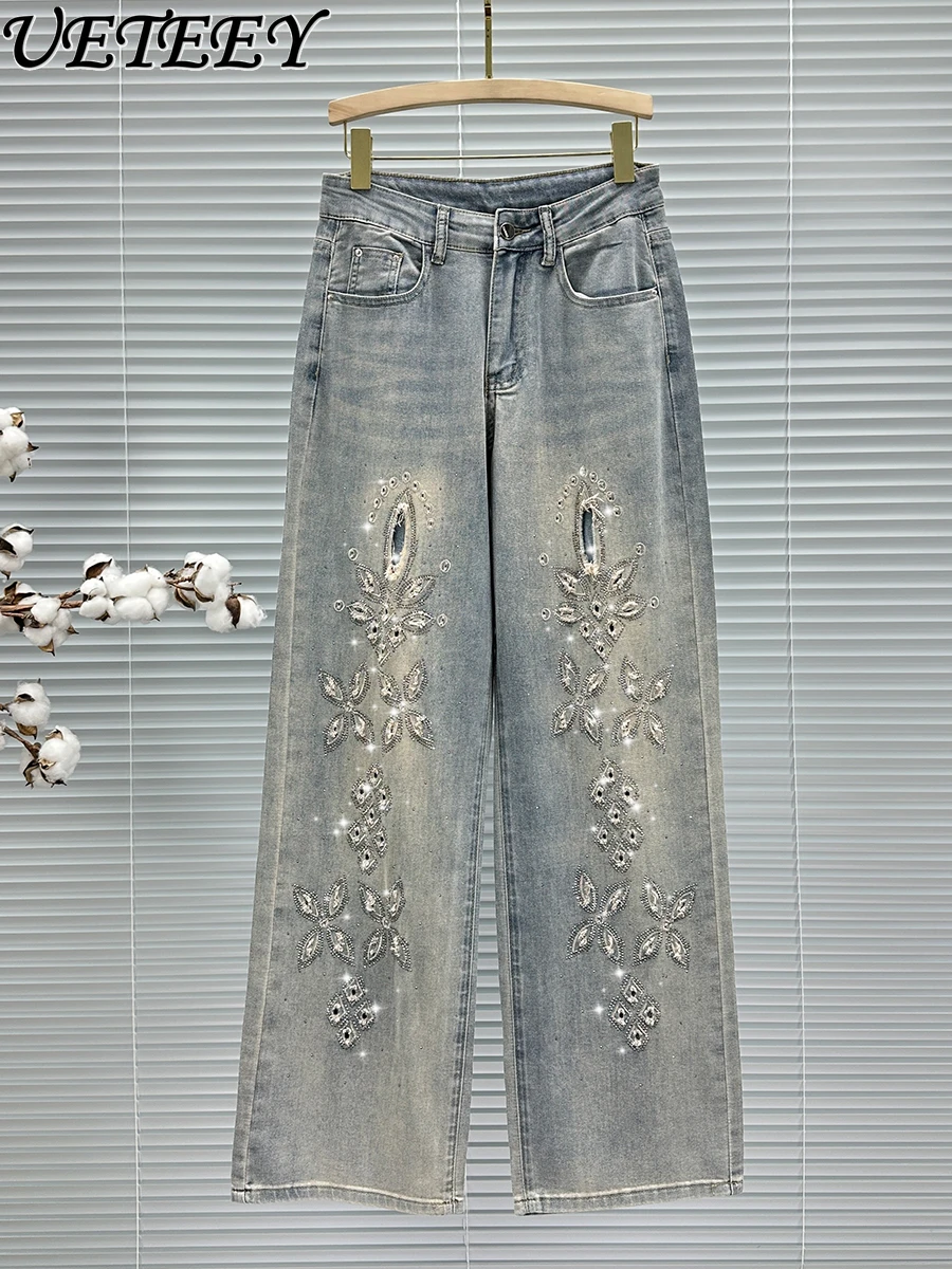 

High Street Loose Mopping Jeans Women's Hot Rhinestone Ripped Trousers Trendy 2024 New Summer High Waist Baggy Wide Leg Pants