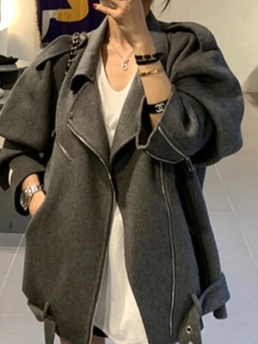 

Motorcycle Jaet Women's Autumn Winter Thiened Woolen Coat Zipper Collar Loose Belted Faionable T-irt by No Brand