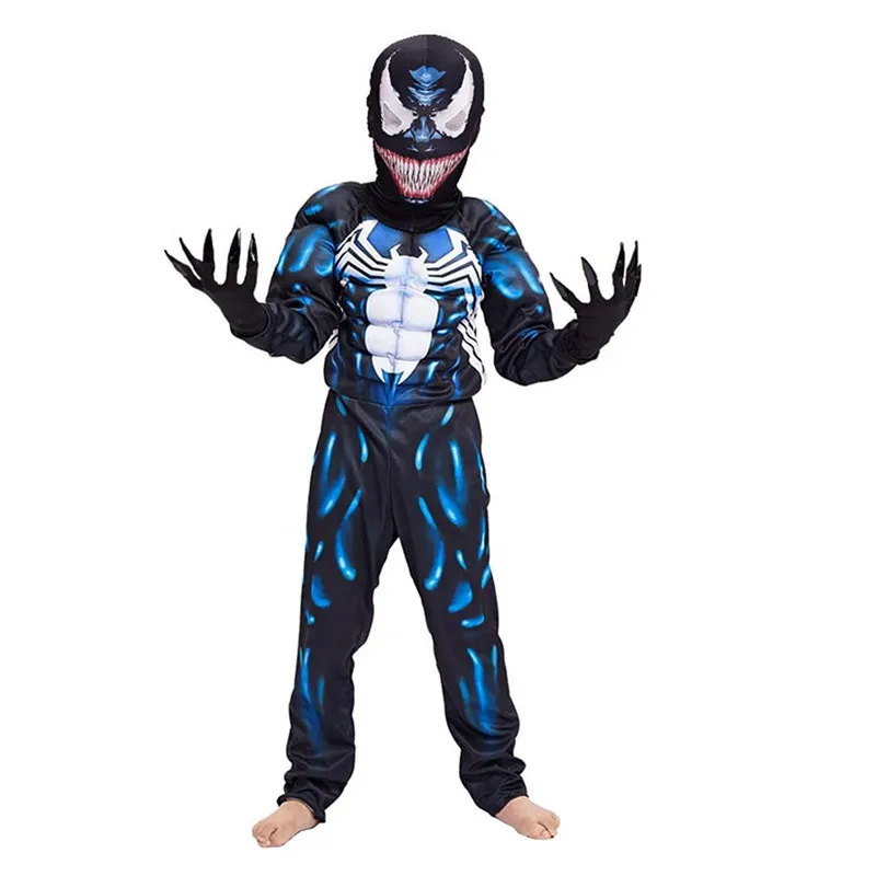 Kids Black Venom Spider Jumpsuit Movie Superhero Character Cosplay Muscle Suit Peter Parker Dress Up Costume Boys Halloween Game